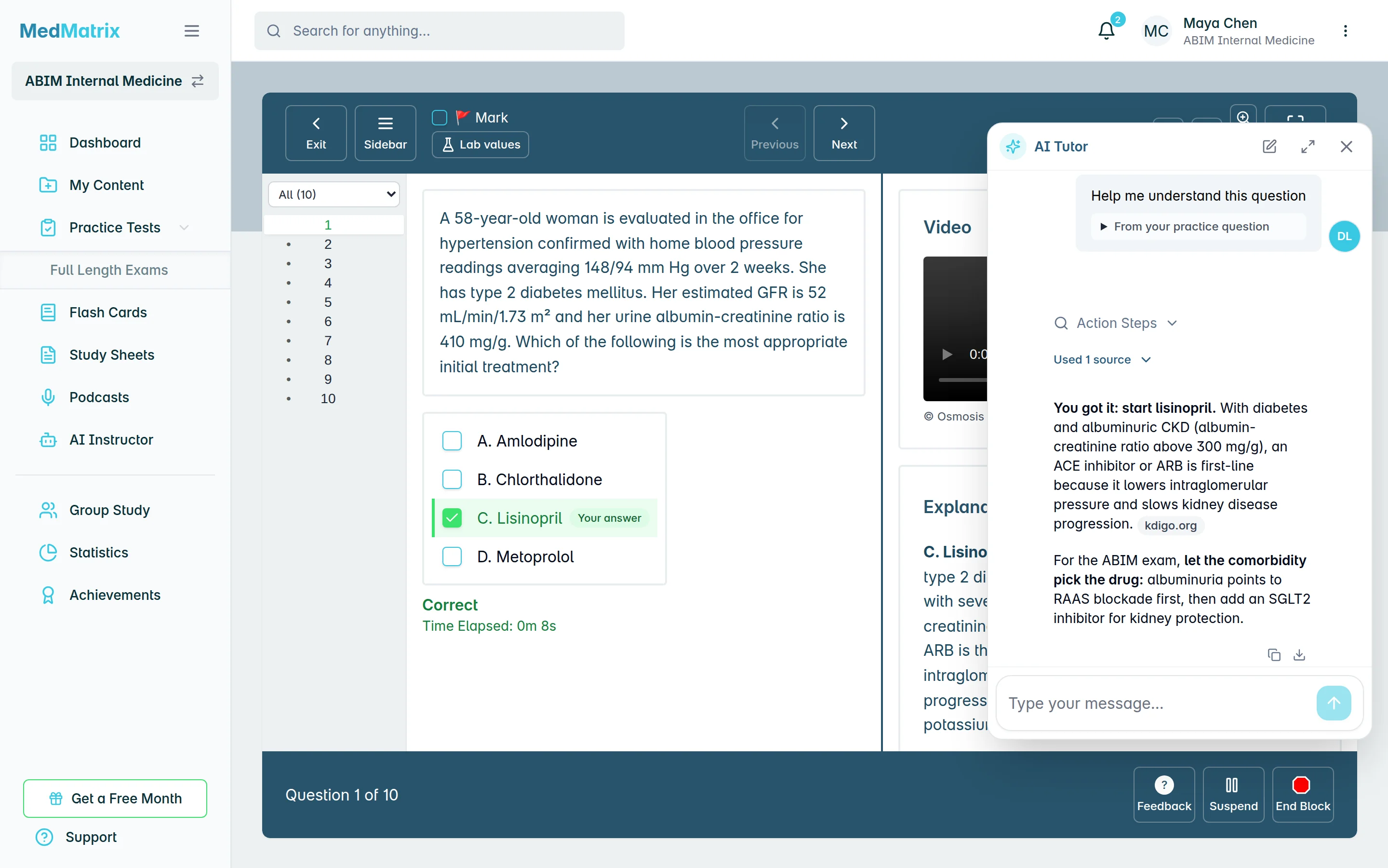 A MedMatrix ABIM Internal Medicine practice question with the AI tutor explaining the answer