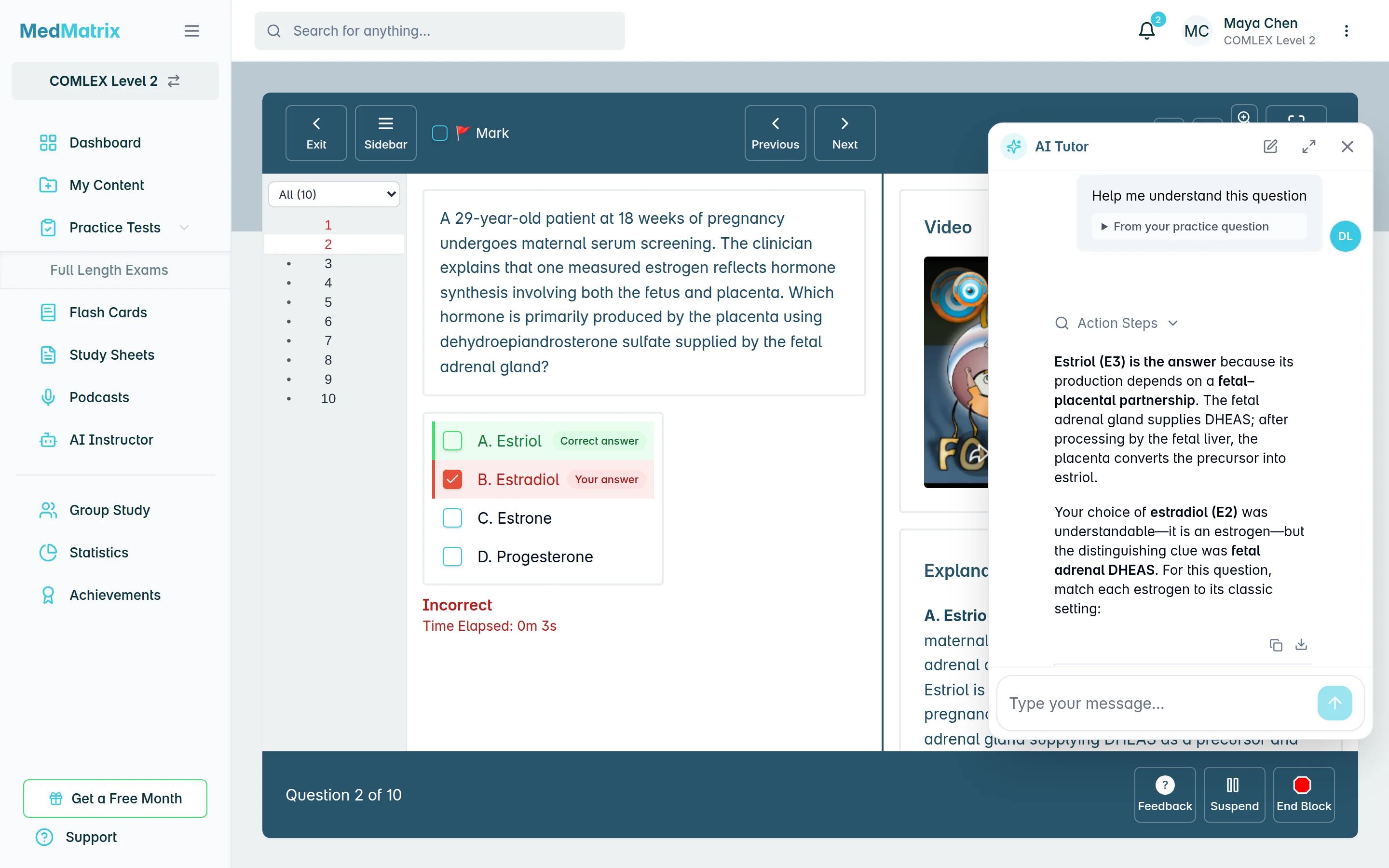A MedMatrix COMLEX Level 2 practice question with the AI tutor explaining the answer