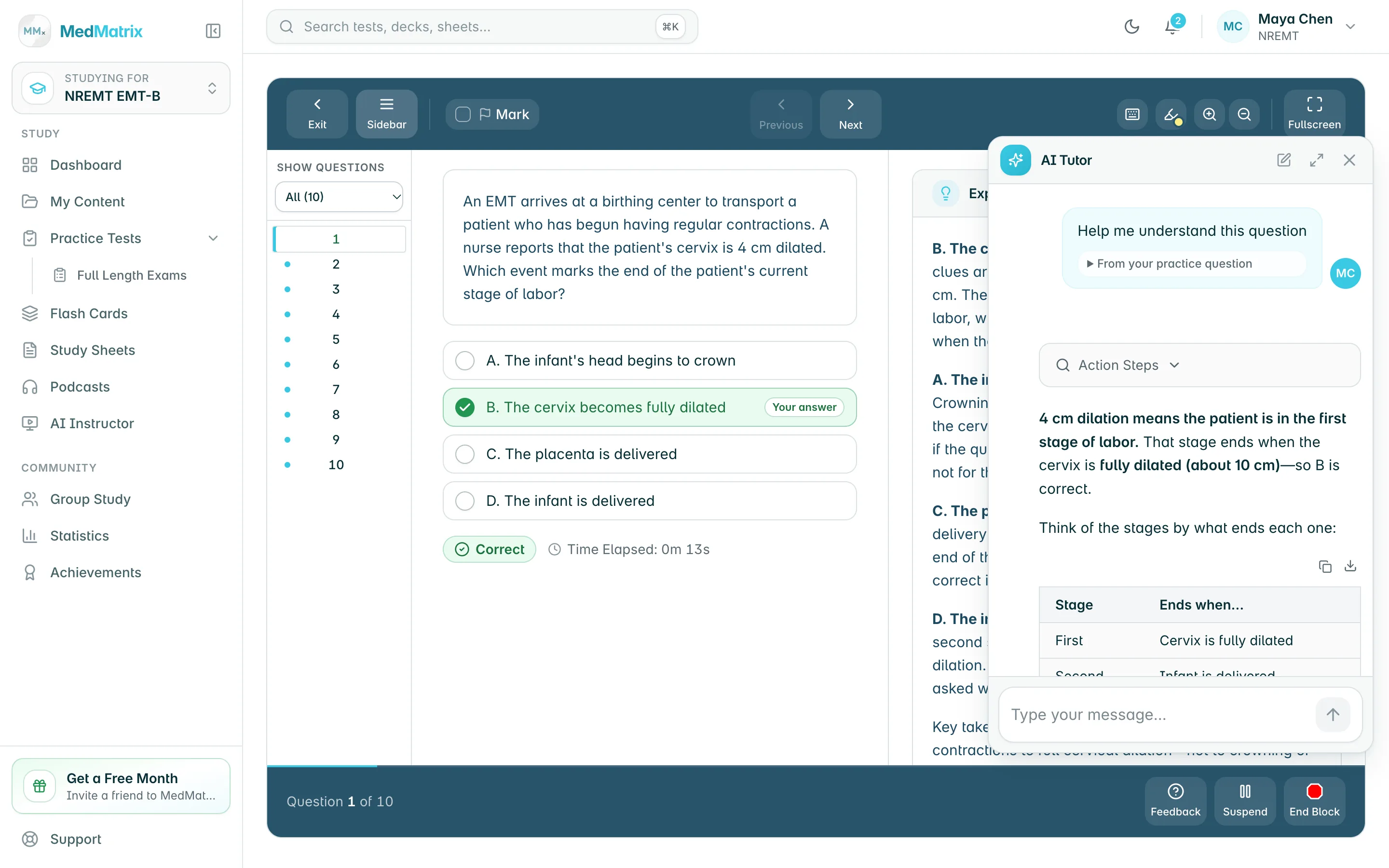 A MedMatrix NREMT practice question with the AI tutor explaining the answer
