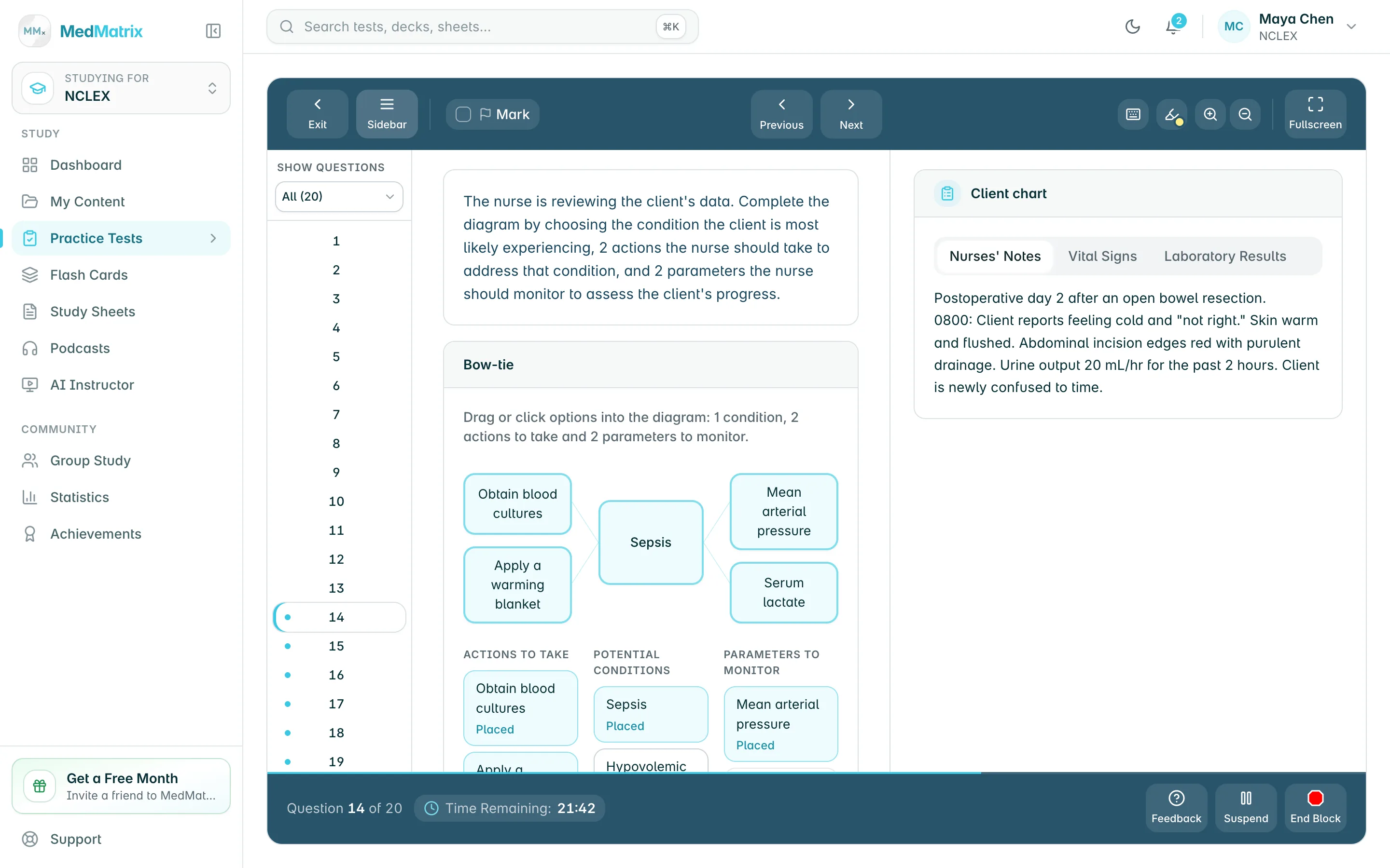 A MedMatrix Next Generation NCLEX bow-tie item beside the client's chart