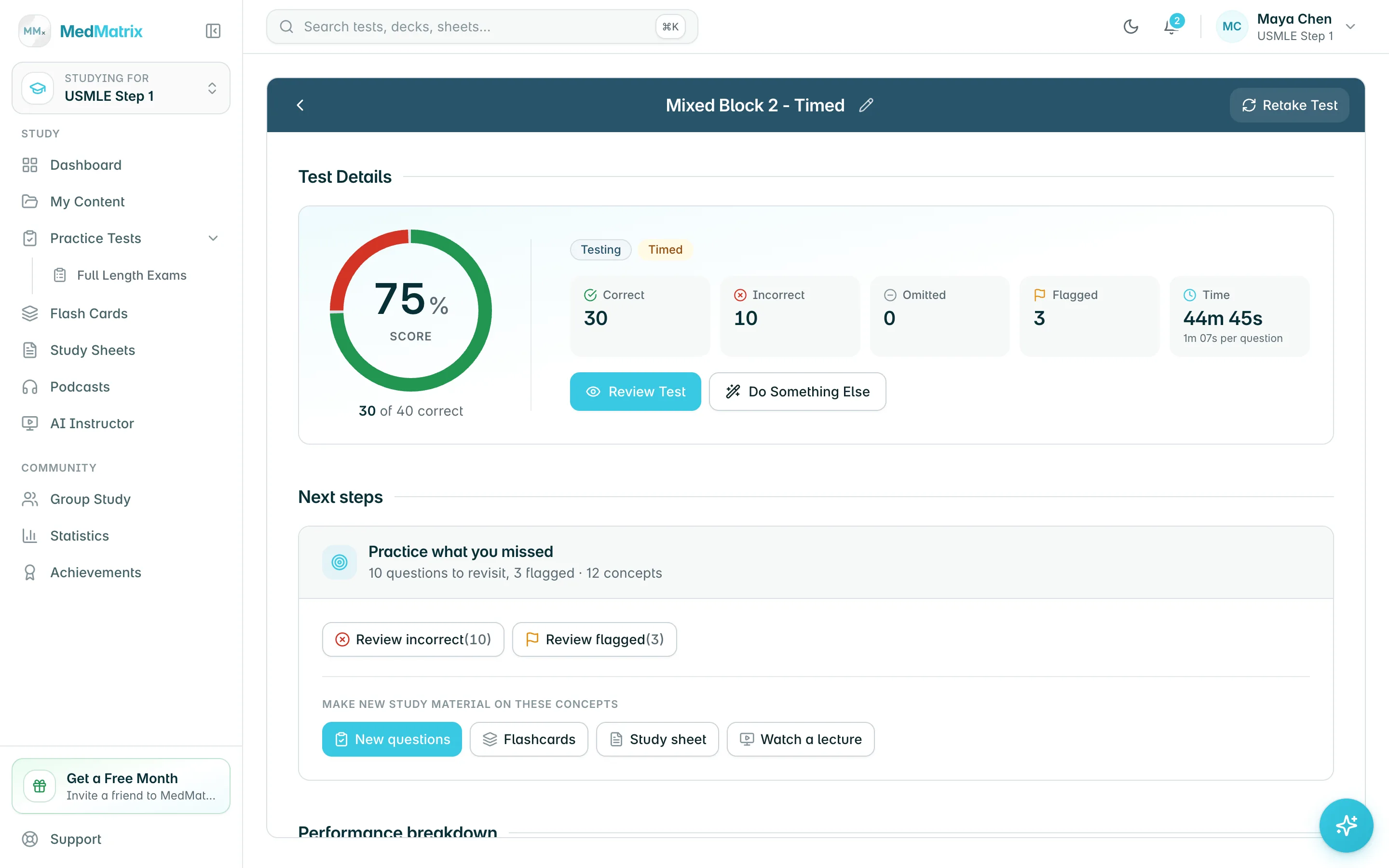 MedMatrix practice test results with performance by system and options to study what was missed